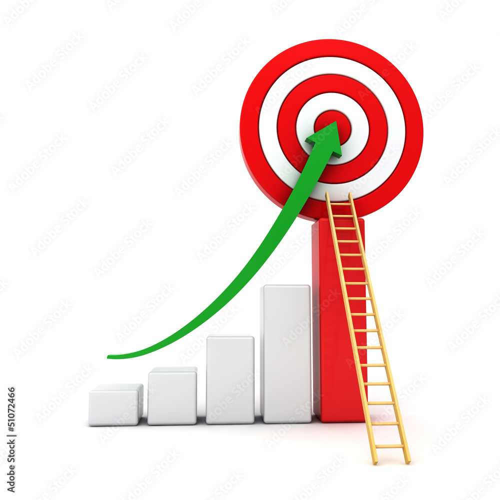 Poster business graph rising arrow moving up to target with ladder
