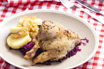 duck meat with potato dumlings and red cabbage