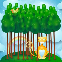 Poster de jardin Animaux de la forêt Forêt avec chat et oiseau