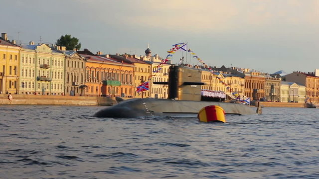 submarine on Neva River - day of the Navy in Saint-Petersburg Ru