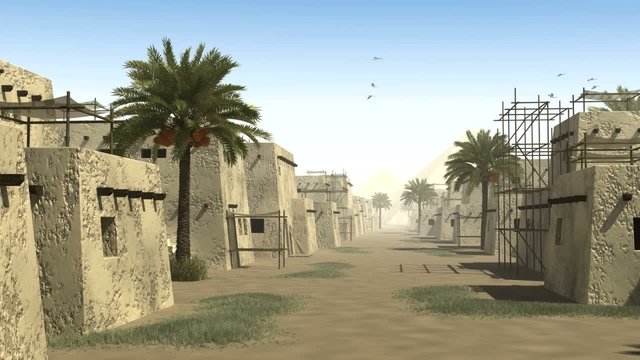 Ancient street with mud huts and pyramid