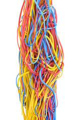 Tangled cables in telecommunication networks isolated on white