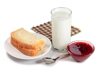 Bread, glass of milk and raspberry jam