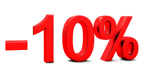 3D rendering of a 10 per cent in red letters on a white