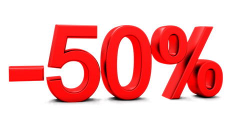 3D rendering of a 50 per cent in red letters on a white