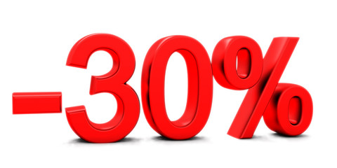 3D rendering of a 30 per cent in red letters on a white