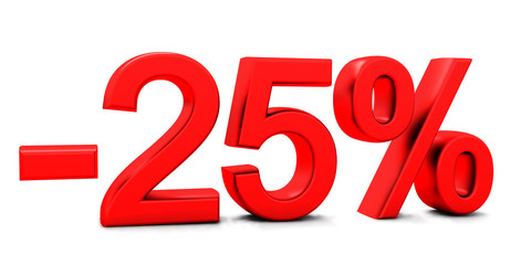 3D rendering of a 25 per cent in red letters on a white