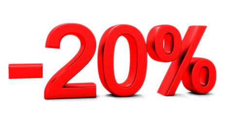 3D rendering of a 20 per cent in red letters on a white