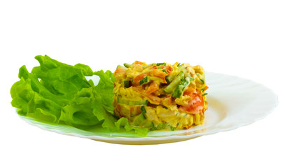 cucumber tomato salad bowl mayonnaise isolated on a white backgr