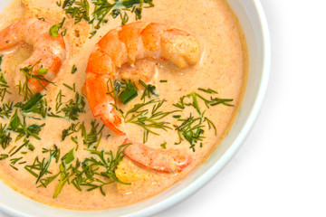 shrimp soup dill in a bowl isolated on white background
