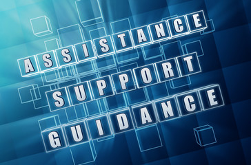 assistance, support, guidance in blue glass cubes