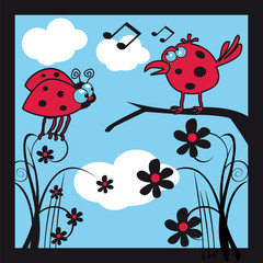 coccinelle, oiseau, piaf, nature, chanter, personnage,