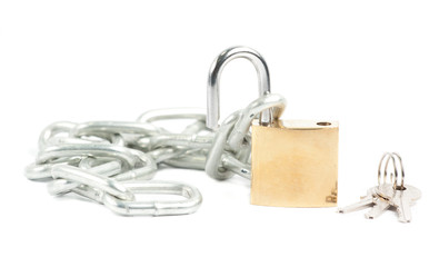 padlock and Key  with a chain isolated on the white background