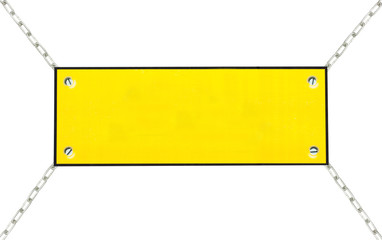 yellow blank board hanging by chains with reflection isolated ba