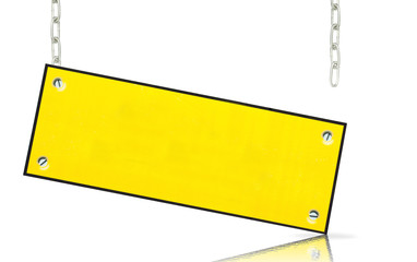 yellow blank board hanging by chains with reflection isolated ba