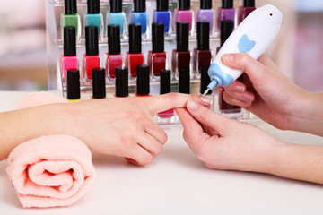 Manicure process in beauty salon, close up