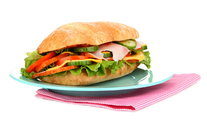 Fresh and tasty sandwich with ham and vegetables isolated
