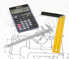 calculate with calculator, vernier caliper and miter on a plan