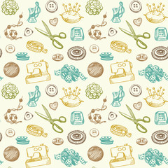 Sewing And Needlework Doodles Seamless Pattern Vector