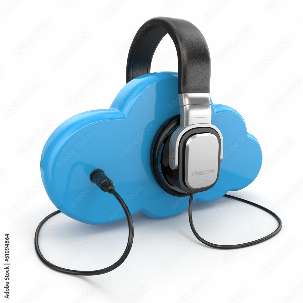 Poster cloud computing multimedia concept. headphones and clouds.