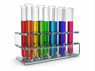 cientific research. Glass test tubes with reagent
