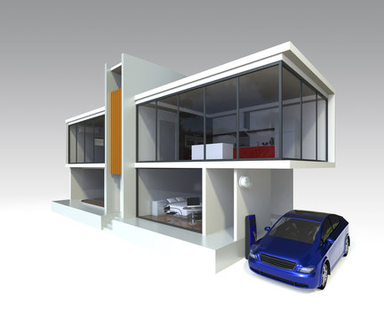 Modern house with electric car, EV charger