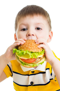 Kid Boy Eating Delicious Hamburger