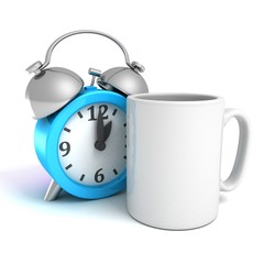 blue alarm clock with white coffee mug