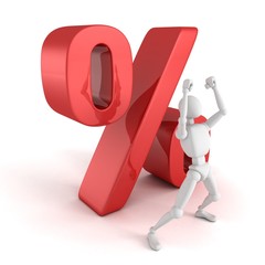 happy 3d man with big red percent sign