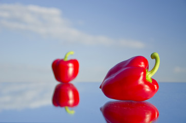 two fresh red peppers on mirror