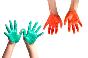 colorful hands against white background