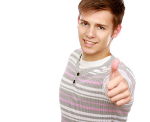 A smiling man showing thumb up sign