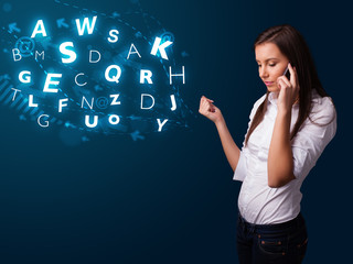 Young lady making phone call with shiny characters