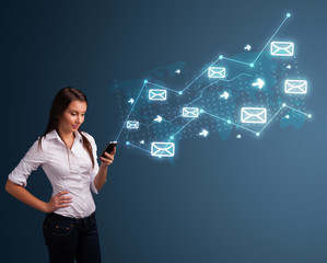 Young lady holding a phone with arrows and message icons