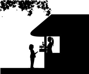 Silhouette of a girl who buys ice cream at an ice cream shop