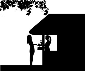 Silhouette of a woman who buys ice cream at an ice cream shop