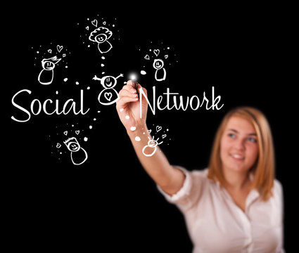 Woman draving social network theme on whiteboard