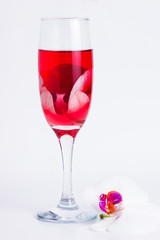 glass with red wine and an orchid