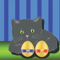 Foto op Plexiglas Katten kat en twee paaseieren