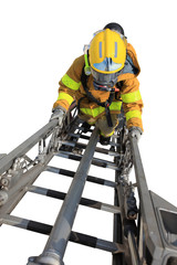 Firefighter ascends upon a one hundred foot ladder. - 51110466