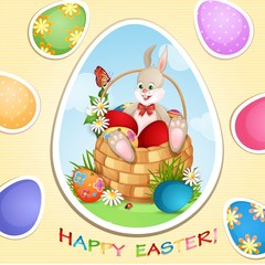 Easter greeting card with cute bunny in basket with Easter eggs