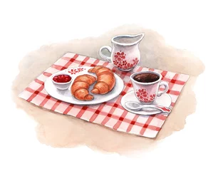 Foto op Plexiglas Waterverfillustratie van ontbijt met croissants en koffie © Aleksandra Smirnova