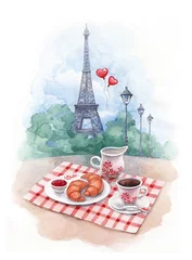 Poster Im Rahmen Aquarellhintergrund mit Illustration des Eiffelturms und des Handels © Aleksandra Smirnova