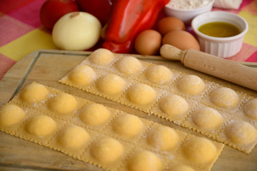 Homemade raviolis with ingredients.