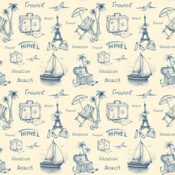Seamless pattern with travel illustrations