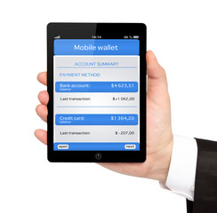 isolated businessman hand holding a tablet with mobile wallet an