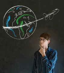 Man with chalk  globe and jet world travel