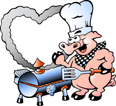 Hand-drawn Vector illustration of an Chef Pig making BBQ