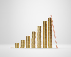 increasing columns of gold coins with ladder