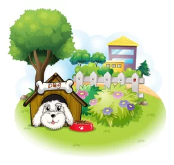 Fotobehang Een witte puppy in een hondenhok © GraphicsRF